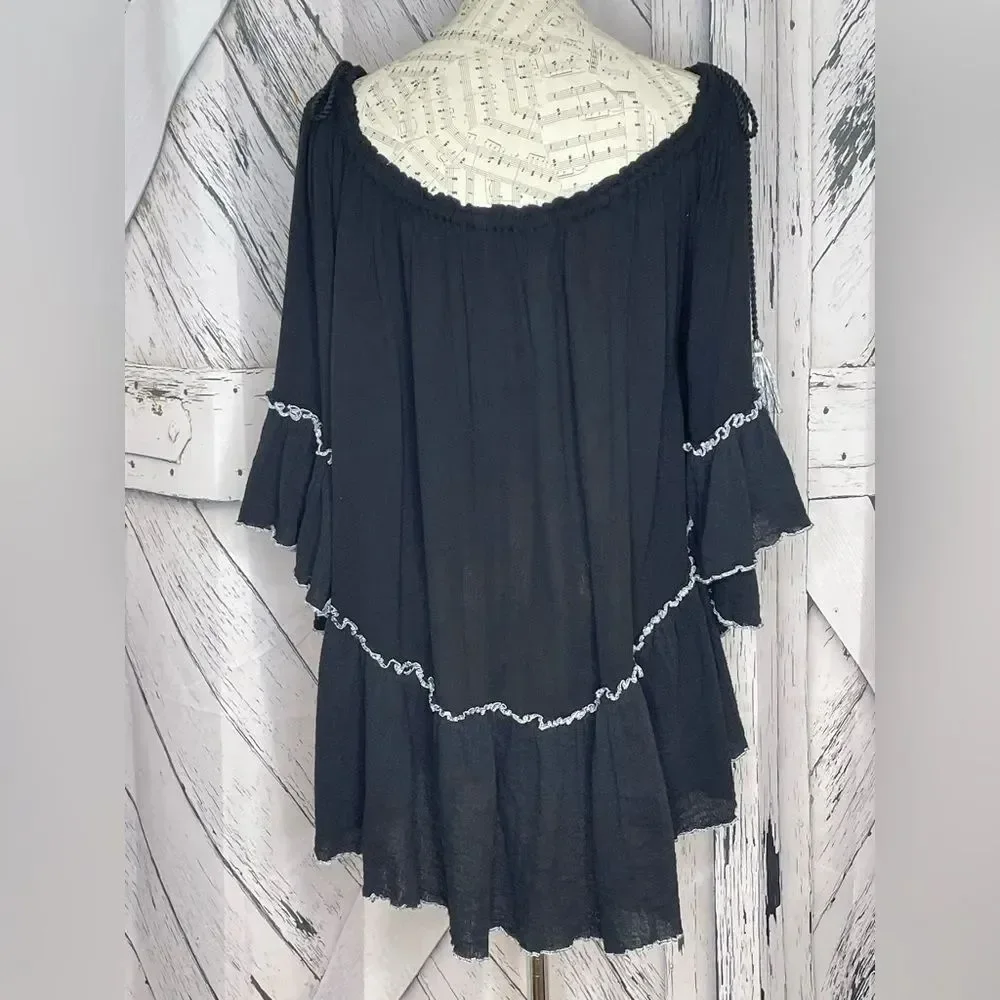 Free People Black Santiago Embroidered Floral Cotton Mini Dress Size S